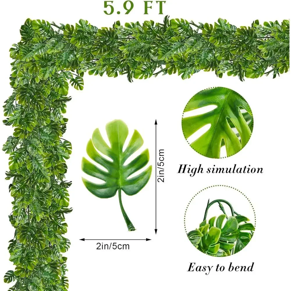 Artificial Monstera Leaf Vines 5.9ft Fake Hanging Plant Green Garland 2PCS